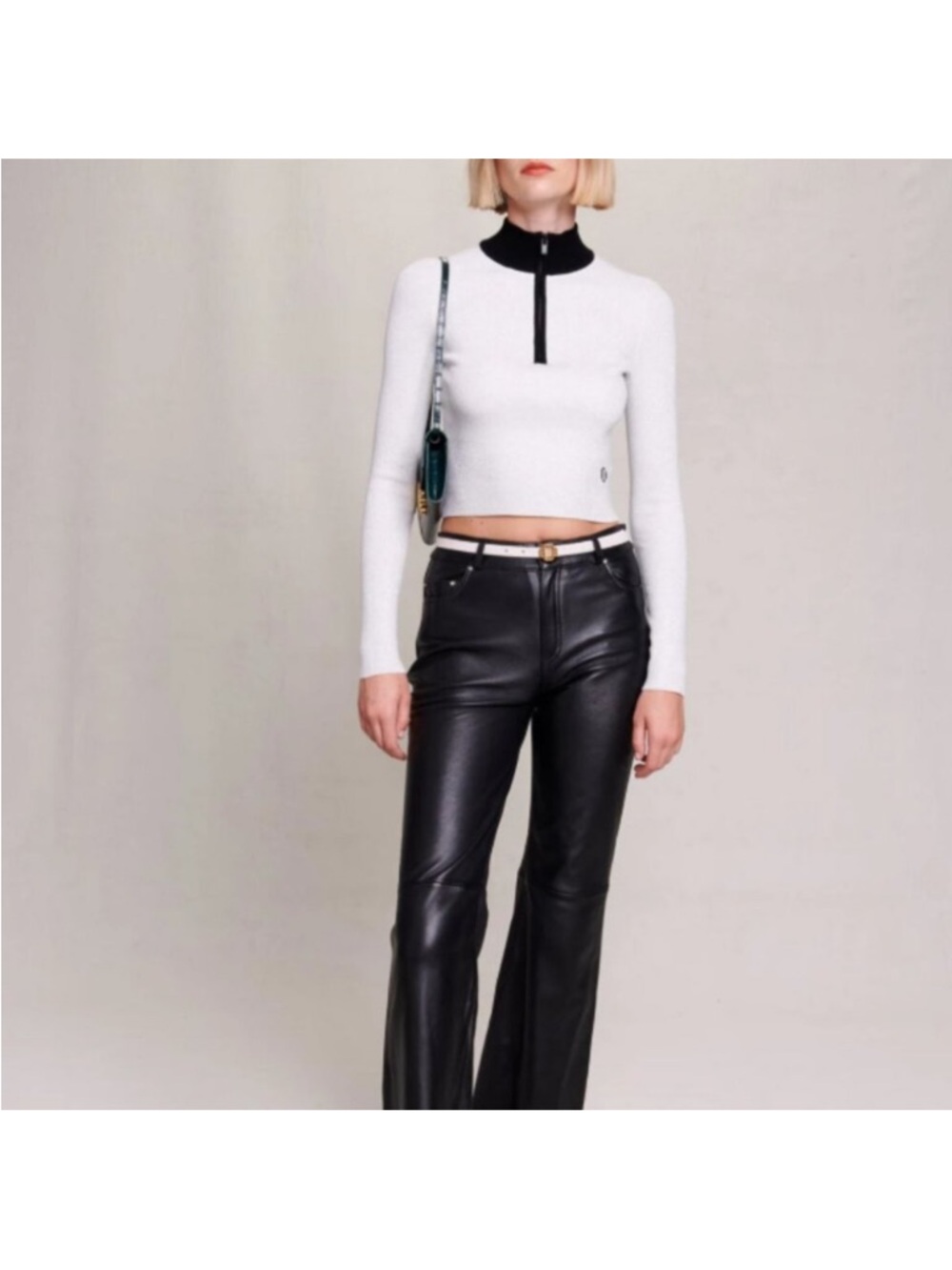 Maje White Cropped Zip-Front Long Sleeve Top with Black Collar